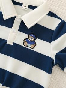 SHEIN Kids Young Boy Cartoon Bear Patch Striped Long Sleeve Polo Shirt - Multicolor - View 4