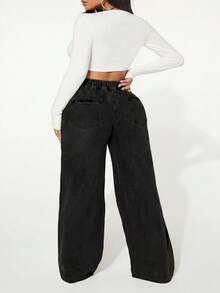 SHEIN SXY Plus Size Casual Washed Distressed Wide Leg Jeans - Black - View 2