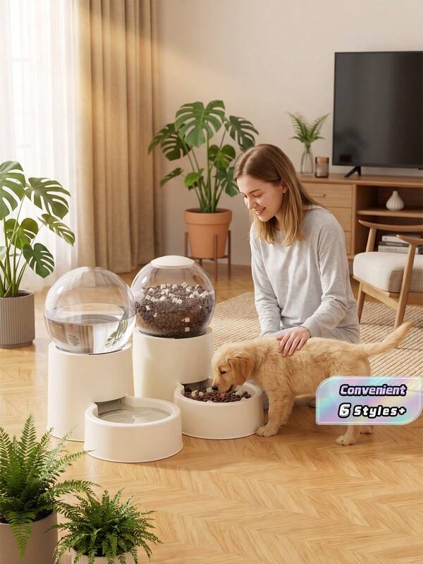 Automatic Pet Feeder & Waterer, Spherical Food & Water Storage, Auto Dispenser, Transparent, Beige, Home Decor