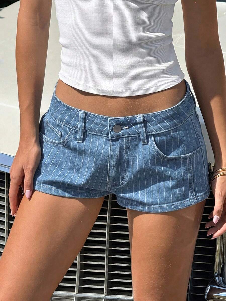 SHEIN EZwear 夏季藍白條紋低腰女款牛仔短褲 外出夜生活 2000年代 90年代 - 淺色水洗藍 - 查看 1
