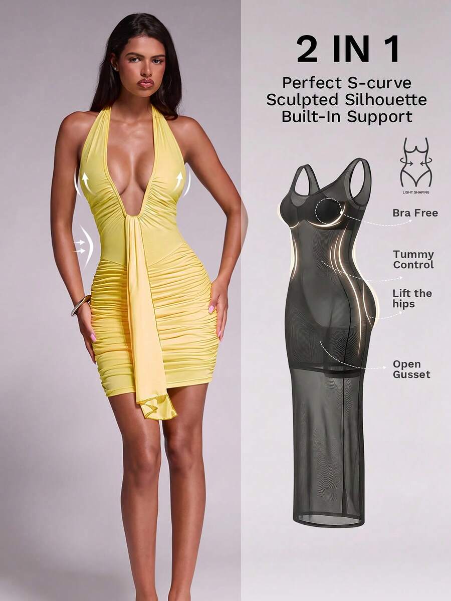 Nuvra Women's 2-In-1 Sleeveless Halter Neck Ribbon Body Shaping Butt Lift Mini Jumpsuit Night Out Club Pale Yellow Summer Bandage Sexy - Yellow - View 1