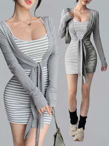 DAZY Summer Autumn Grey Slim Fit Striped Cami Dress Tie-Up Cardigan 2 Pieces Set Women's Sporty Casual Modest Loungewear Outfit Korean Style Y2K Gym - Grey - View 1