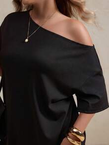 Elegantrix Plus Size Women Spring Summer Sequin Fabric Patchwork Asymmetric Collar Casual Commute Dress - Black - View 5