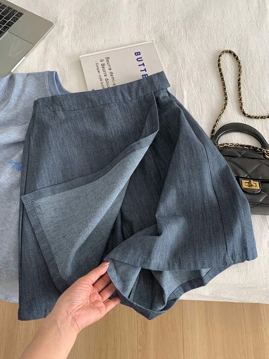 Freevana 高腰包臀裙褲，附不對稱假裙片，百搭日常短裙褲 - 藏蓝色 - 查看 1