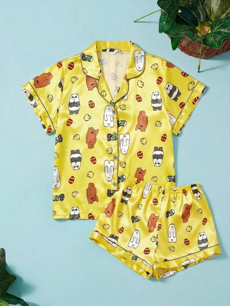 We Bare Bears X Joivida Conjunto de pijama de 2 piezas con manga corta y pantalones cortos con estampado, ropa de casa casual para mujer - Amarillo - Ver 1