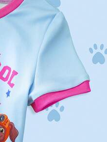 SHEIN | PAW Patrol 2件套主题圆领短袖上衣和裤子睡衣套装，适合年轻女孩 - 藍白色 - 查看 8