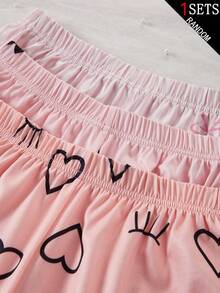 1套女青少年居家服盲盒風3合1套裝，包含3款不同風格的吊帶背心與短褲套裝：黑色底文字風、粉黑愛心睫毛風、黑粉蝴蝶結風、粉白條紋蝴蝶結風，主色調黑與粉，甜酷女孩風，柔軟親膚針織面料，柔軟彈性針織面料，可機洗，舒適貼身（1套從3款中隨機選取） - 彩色 - 查看 6