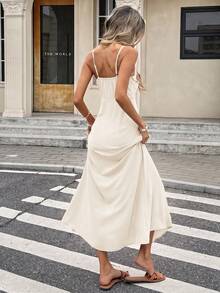 Serisse Vestido midi elegante de mujer con tirantes finos, color liso y patchwork con volantes - Beis - Ver 2