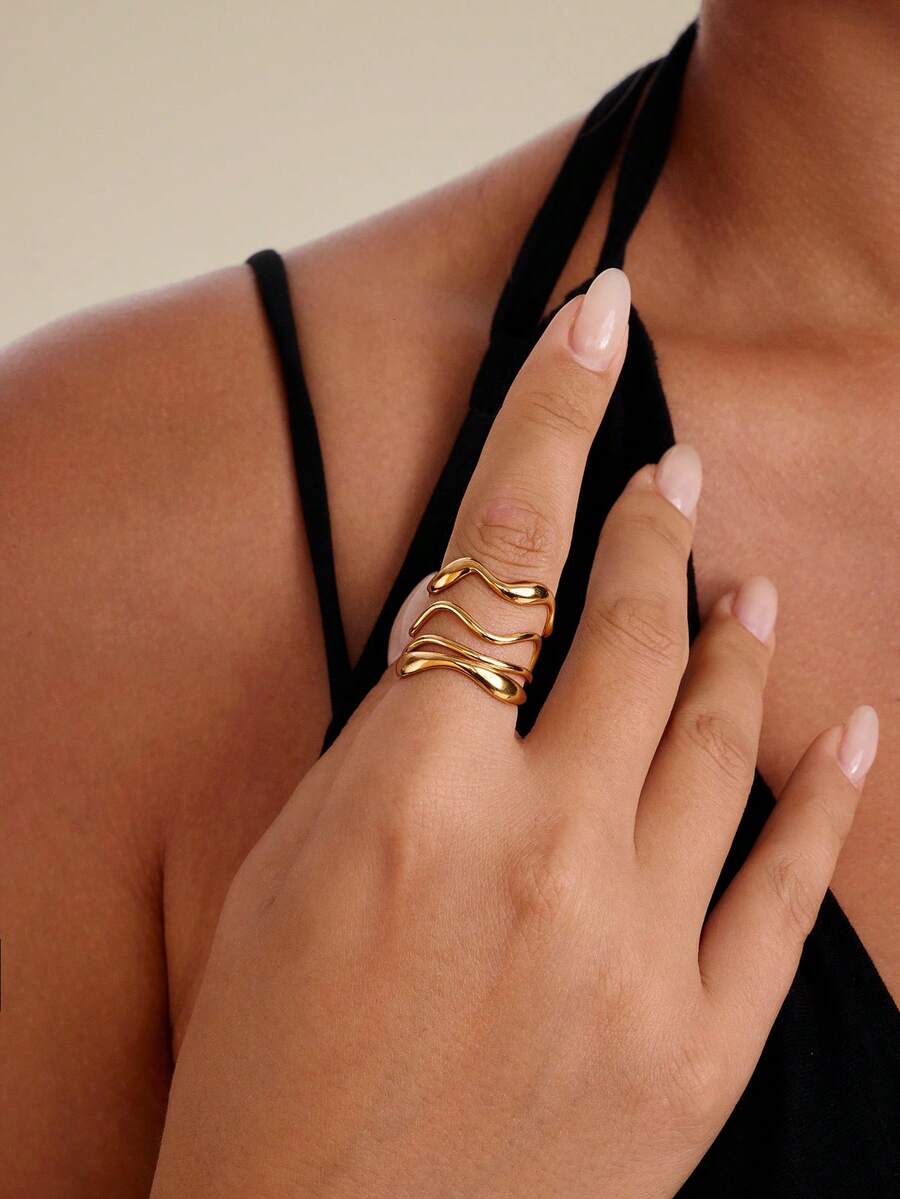 Altistry 2pcs Stainless Steel Hollow-Out Design Open Ring, Simple And Stylish, Unisex Ring For Daily Wear - Ring - View 1