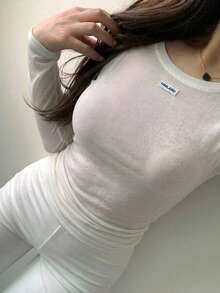 Livesso Tall Women's Round Neck Long Sleeve Semi-Sheer Pullover T-Shirt With Woven Label Decoration Fall - White - View 10