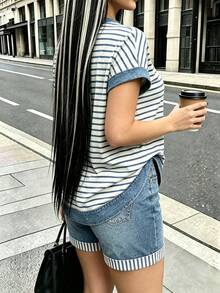 Rovax 女款條紋圓領短袖T恤與短褲休閒兩件套 - 彩色 - 查看 2