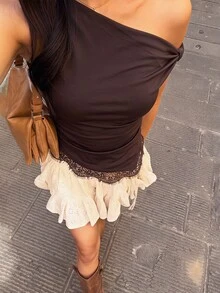 Dreamara 春夏秋女款休閒蕾絲度假通勤約會之夜優雅性感拼接不對稱露肩扭結細節針織上衣 棕色 - 棕色 - 查看 3
