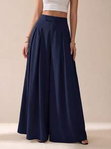 SHEIN Tall 女款純色高腰休閒百搭日常穿著寬腿長褲 - 藏蓝色 - 查看 1