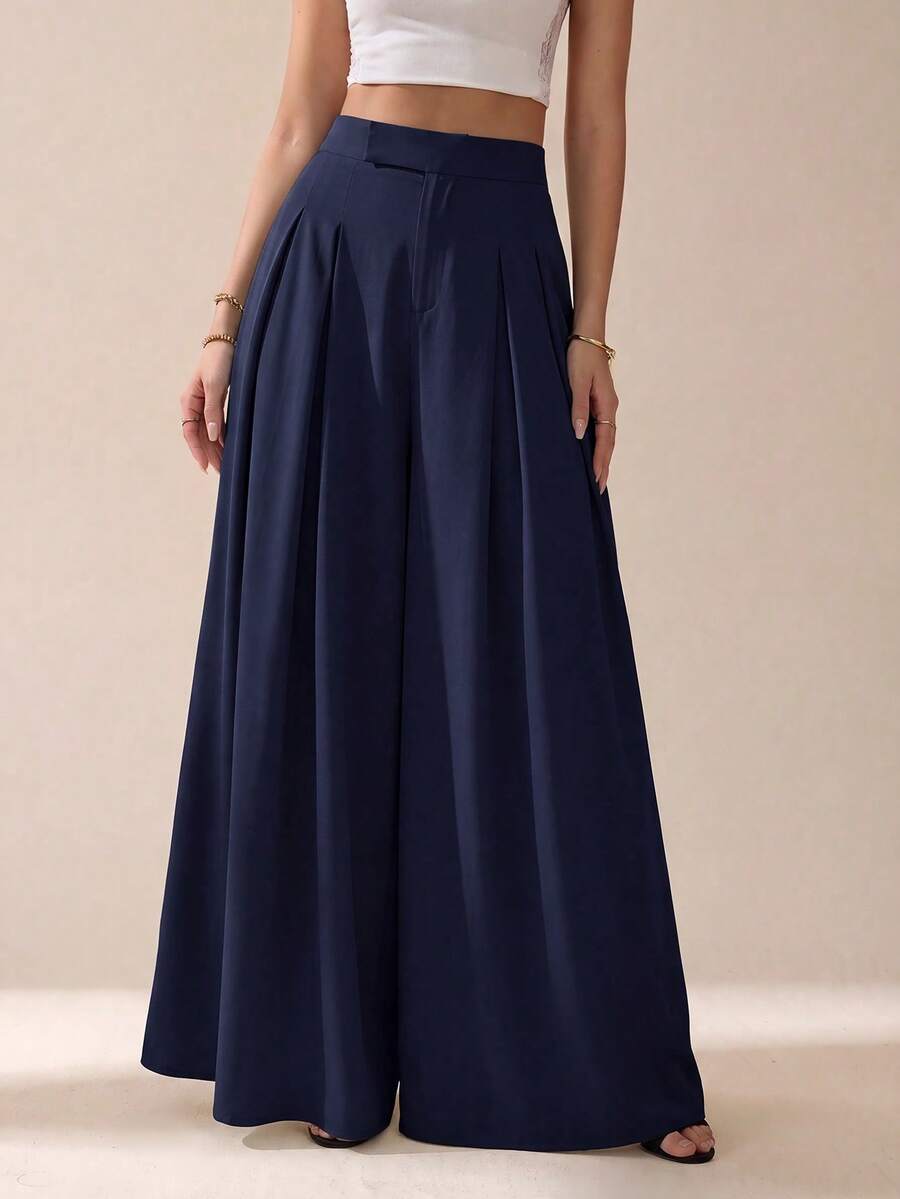 SHEIN Tall 女款純色高腰休閒百搭日常穿著寬腿長褲 - 藏蓝色 - 查看 1