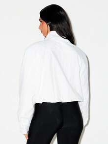 KIZN Oversized Shoulder Pad Windbreaker Jacket Stand Collar Cropped Hem Lightweight Outerwear Fall Spring - White - View 2