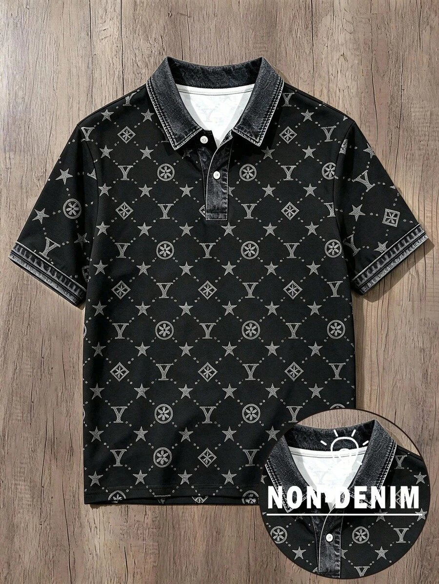 Manfinity Joysei Men's All-Over Print Casual Commute Short Sleeve Polo Shirt - Black - View 1