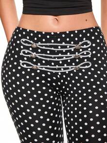ROMWE Grunge Punk Vintage Napoleon Contrast Webbing Metal Buckle Design Ultra Low Waist Polka Dot Capri Pants - Black - View 2