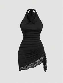 Sweetra Plus Size Women's Lace Patchwork Pleated Fashion Date Halter Neck Dress - Black - View 3