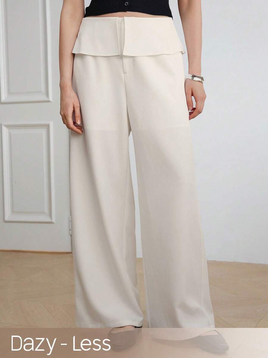 Dazy-Less High Waist White Solid Color Ruffle Waist Design Loose Wide Leg Casual Women's Long Pants Fall - White - View 1