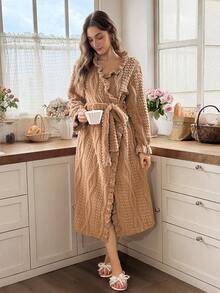 Snug Reverie Long Sleeve Patchwork Wood Ear Trim Floral Velvet Long Robe, Autumn/Winter - Khaki - View 4