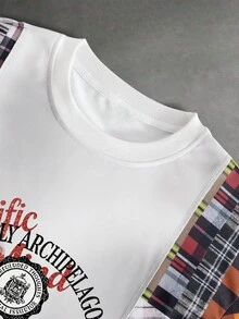 Manfinity EMRG 男士拼色多格紋拼接長袖上衣，白色圓領復古標語與徽章印花，Y2K街頭風，休閒通勤度假日常穿著，適合春夏電音派對演唱會音樂節 - 彩色 - 查看 4
