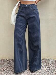 Dazy Tall Women's Striped Loose Straight Leg Vacation Style Denim Jeans Fall - Dark Wash - View 4