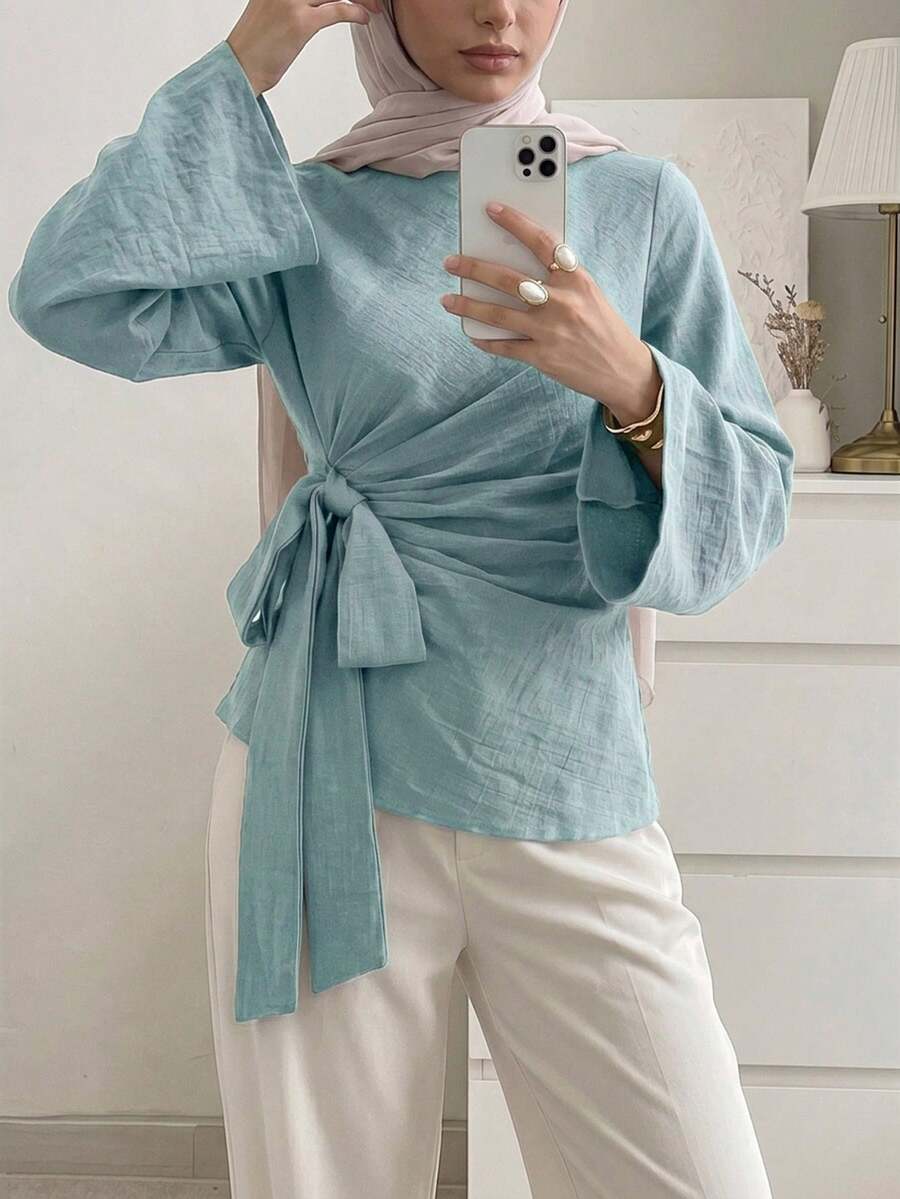 Solavon 女士纯色圆领系腰休闲百搭日常衬衫 - 藍色 - 查看 1