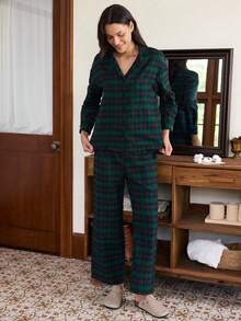 Doze Lane Setelan Piyama Celana Panjang Lengan Panjang dengan Kerah Terbuka Depan Motif Kotak-kotak Klasik untuk Wanita - Dark Green - View 2