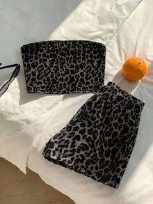 Comfortcana 休閒極簡日常百搭派對聚會機場穿搭 Y2K 上衣，豹紋圖案，女款夏季外出穿搭，抹胸上衣 + 短褲 2 件套 - 彩色 - 查看 4