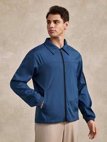 Courvante Men's Solid Color Decorative Zipper Long Sleeve Fashion Jacket, Business Commute, Fall - Royal Blue - View 4