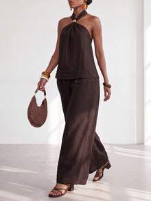 Zivah Spring/Summer Music Festival Easter St. Patrick's Day Valentine's Day Beach Vacation Sexy Jamaican Sleeveless Halter Neck Linen Shades Of Brown Pants - Brown - View 4