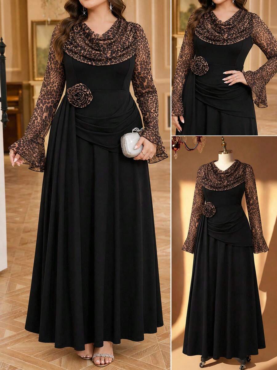 Reflora Gaun Elegan Wanita Ukuran Besar Motif Leopard Patchwork Kerah Lebar Lengan Mengembang Dekorasi Bunga 3D - Hitam - View 1