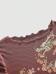 ROMWE Avant 暗黑街頭休閒龐克辣妹虎龍印花網紗女款T恤上衣 夜店風 深紅色 夏季 - 紅色 - 查看 3