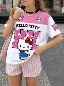 HELLO KITTY AND FRIENDS | SHEIN 青少年女孩卡通文字图案圆领短袖舒适休闲运动T恤，夏季 - 白色 - 查看 5