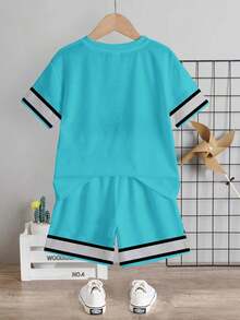 SHEIN 男嬰休閒極簡數字印花T恤短褲套裝，適合夏季 - 彩色 - 查看 3