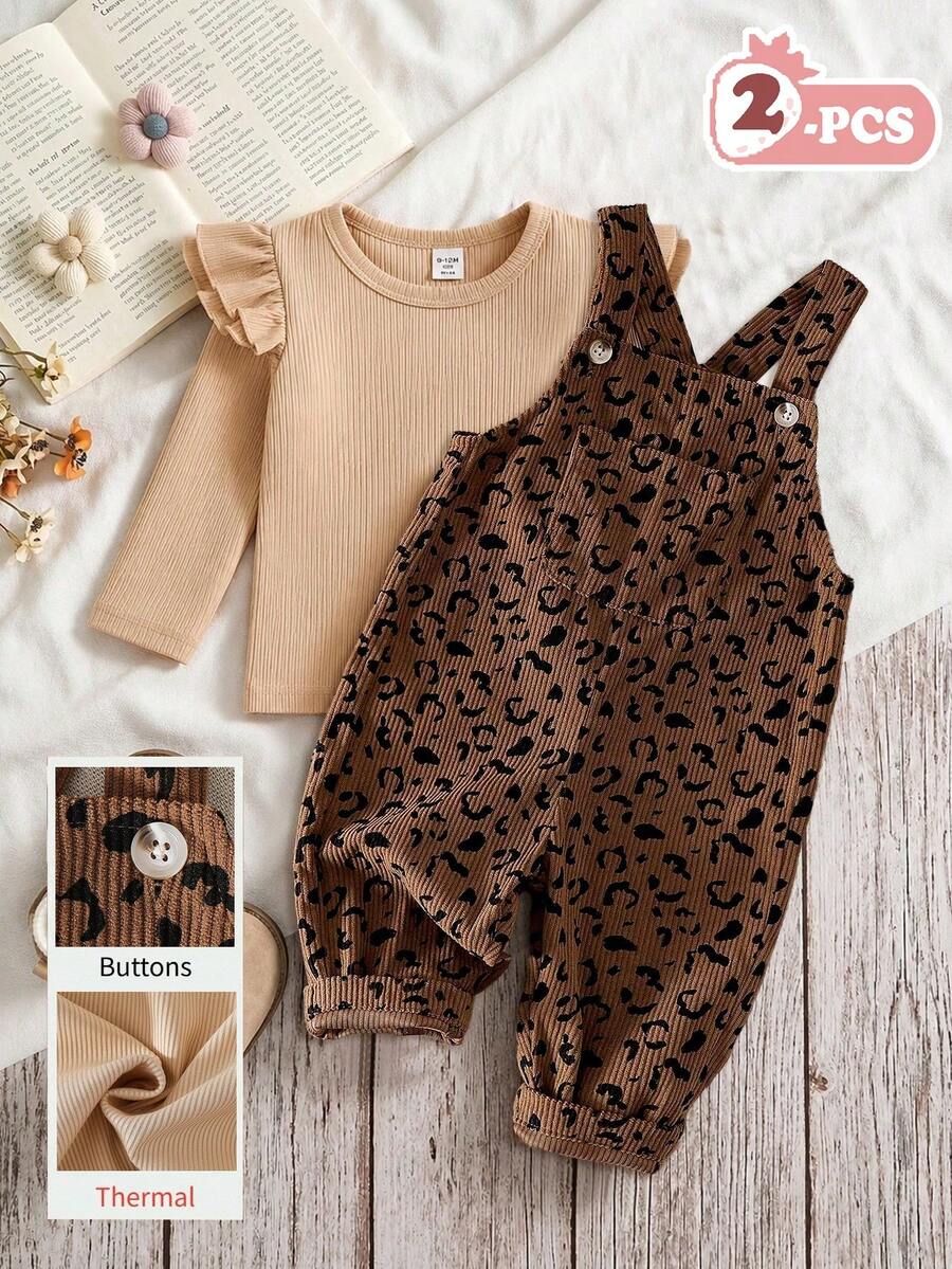 SHEIN Vintaside Kids 2件組女嬰春秋淺棕色豹紋復古甜酷風荷葉邊長袖上衣與豹紋燈芯絨吊帶褲套裝,寬鬆舒適版型,適合日常穿著、學校活動、戶外玩耍、家庭聚會、拍照拍攝 - 棕色 - 查看 1
