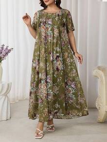 Al Najma Plus Size Women Floral Print Ruched Short Sleeve Arabic Style Dress - Multicolor - View 6