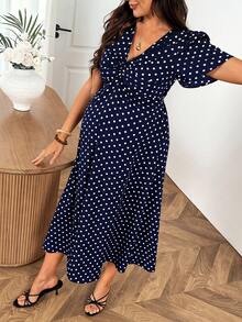 SHEIN Maternity Summer Casual Polka Dot Print Dress - Navy Blue - View 6