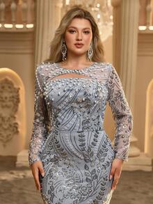 Glamrae Plus Size Elegant Romantic Round Neck Luxury Embroidered Beaded Sheer Long Sleeve Sequins Sequins Inlaid Fitted Bodycon Mermaid Tail Train Evening Gown For Wedding Party Celebration Formal Event Heavy Work Design - Light Grey - View 2