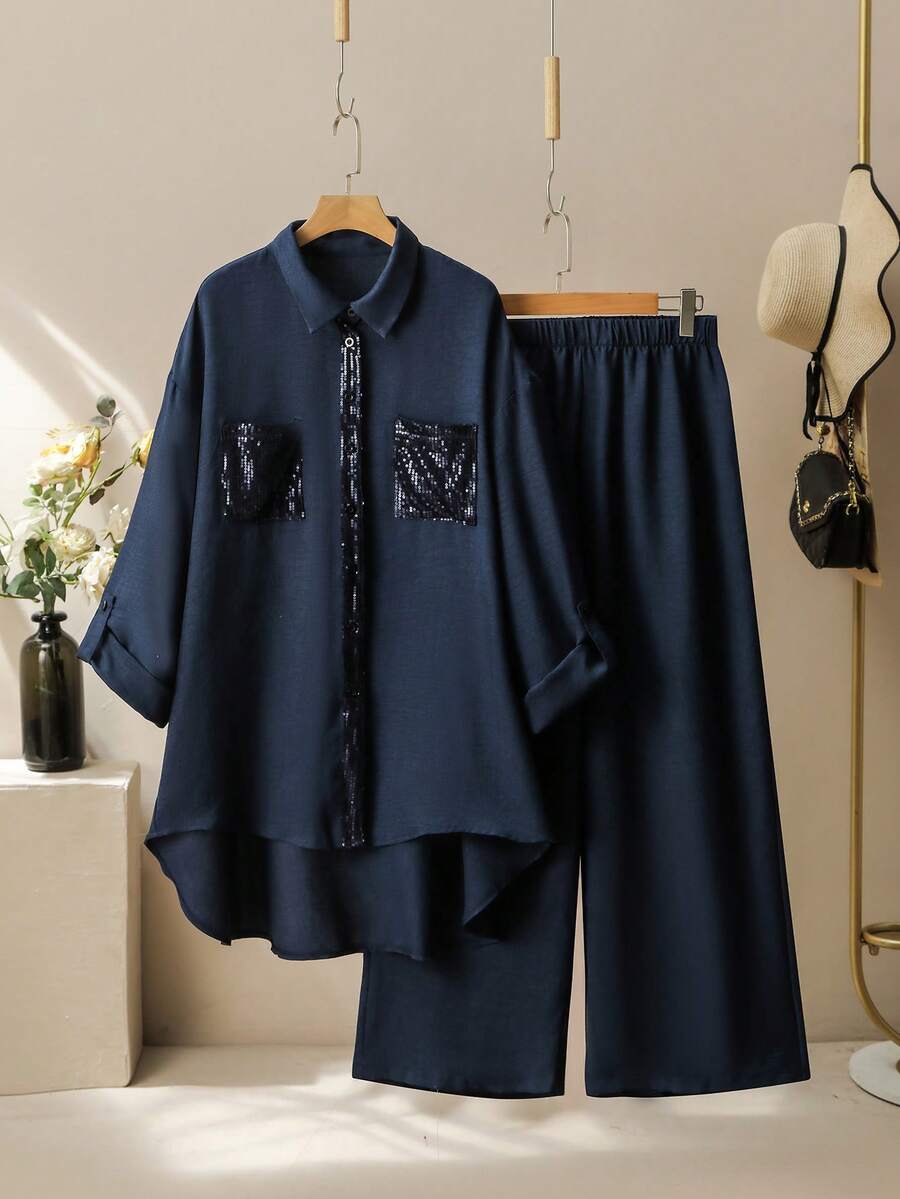 Lacomfia Minimalist Casual Solid Color Patchwork Beaded Shirt Collar Long Sleeve Fitted Regular Shirt And Solid Color Elastic Waist Wide Leg Pants Spring Autumn Plus Size 2-Piece Set - Navy Blue - View 1