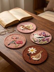 Haus Hana 4PCS/8PCS Anti-Scald Round Dining Pad, Wear-Resistant Imitation Woven Printed Fabric, Vintage Floral Bird Pattern Anti-Slip Isolation Coaster For Indoor Tea Table Kitchen Layout, Gift For Home Aesthetic Arrangement Enthusiasts Festival Gift - Multicolor - View 9
