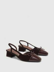 CUCCOO BIZCHIC 女款時尚低跟咖啡棕後扣slingback鞋 輕量版 蝴蝶結蕾絲粗跟 PU 全球四季通勤優雅基本款 節慶適用 - 咖啡棕 - 查看 1