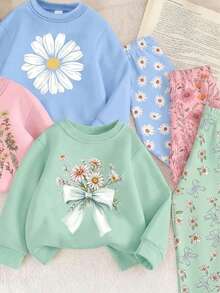 SHEIN 隨機發貨 1/3 款 Souflis 盲盒套裝，女童幼兒長袖圓領上衣與內搭褲套裝，花卉與蝴蝶結元素，適合春、秋、冬季，日常穿著與週末出遊，可愛女童套裝 - 彩色 - 查看 2