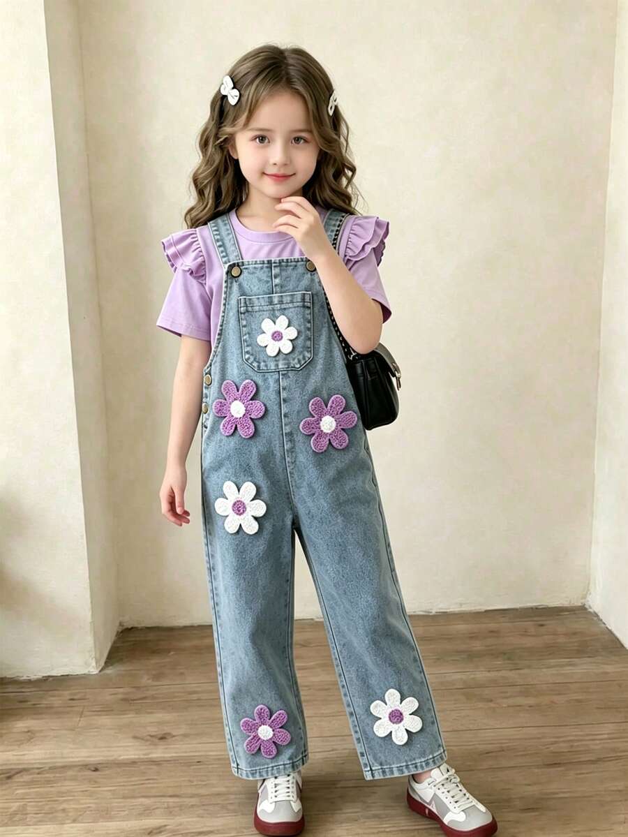 Elladie kids 新款4-7岁女童春夏圆领短袖T恤和牛仔背带裤套装,刺绣贴片设计,适合休闲、度假、上学、户外活动 - 彩色 - 查看 1