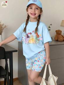 SHEIN Elladie kids 一套女童休闲甜美可爱蓝色短袖套装，梦幻公主印花T恤搭配可爱蝴蝶、小鹿、花朵图案短裤，适合夏季外出、度假、上学和节日穿着。 - 彩色 - 查看 1