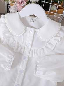SHEIN Young Girl Young Girl Woven Solid Color Peter Pan Collar Casual Shirt - White - View 4
