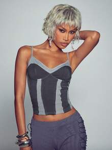 Normani Summer Autumn Festival Party Club Night Night Club Night Out Prom Graduation Streetwear Y2k Women's Colorblock Patchwork Fitted Camisole Dark Grey - Grey - View 4