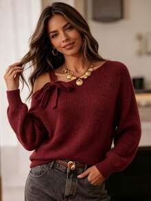 Balvessa Women's Solid Color Off-Shoulder Casual Versatile Daily Wear Long Sleeve Sweater - Burgundy - View 4