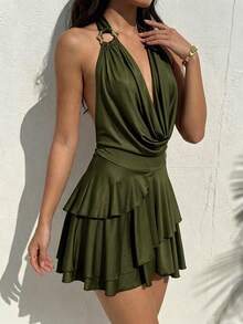 Bonvoyette Women's Solid Color Cowl Neck Backless Halter Ruffle Tiered Beach Party Vacation Cover-Up Dress Olive Green Summer Sexy - Army Green - View 4