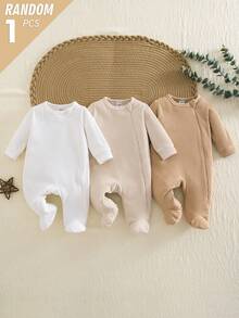 SHEIN Vintaside Kids 【3件組隨機1件】春夏新生男嬰針織軟綿羅紋磨毛親膚舒適面料隱形拉鍊多巴胺配色單件長袖連身包屁衣休閒舒適熱銷睡衣居家服 - 彩色 - 查看 3